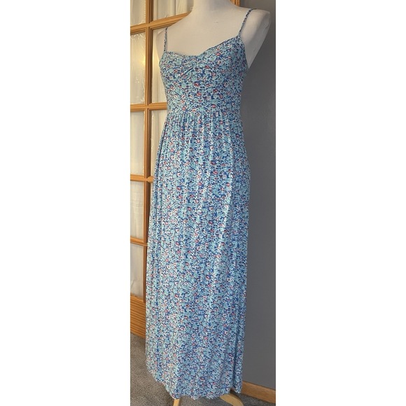 Y2K Hollister Floral Maxi Dress XS Tie Back High Slits Blue Boho Cottagecore - Picture 2 of 11